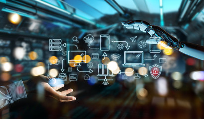 White humanoid controlling modern devices interface system