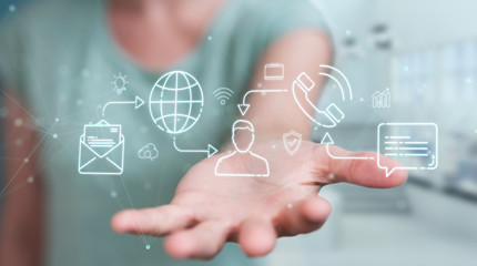 Businesswoman using thin line social network icons interface