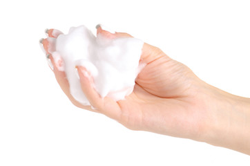 Soapy hands foam mousse for styling on white background isolation