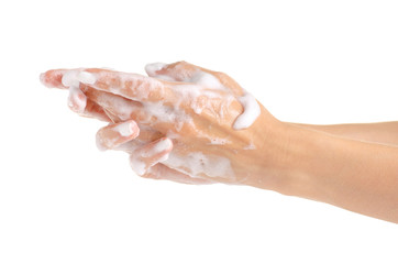 Soapy hands foam on white background isolation