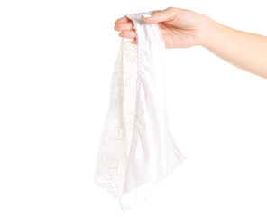 The white female panties in hand lace on white background isolation