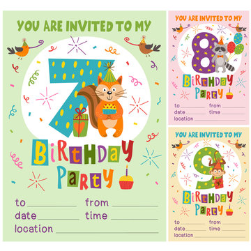 Happy Birthday invitation card template with funny animals from 7 to 9 - vector illustration, eps