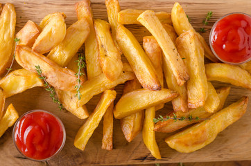Homemade french fries with organic ketchup