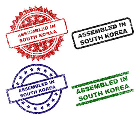 ASSEMBLED IN SOUTH KOREA seal prints with distress style. Black, green,red,blue vector rubber prints of ASSEMBLED IN SOUTH KOREA text with dust style. Rubber seals with circle, rectangle,