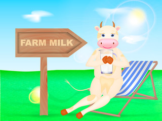 Happy cartoon cow sitting on the chaise-longue. Wooden table with Milk. Vector illustration