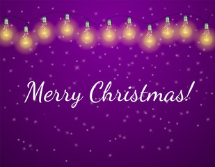 A lot of electric bulbs on purple background. Inscription Merry Christmas. Vector illustration