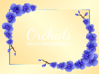 Two branches of blue orchid flowers. Frame/ Space for text. Vector illustration