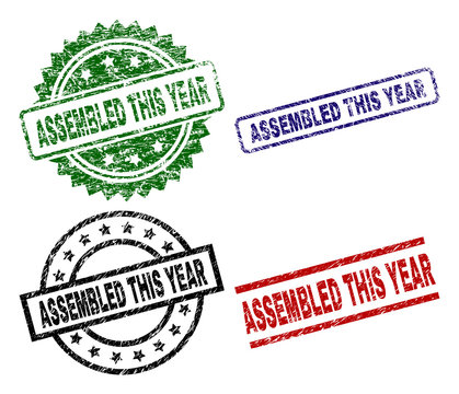 ASSEMBLED THIS YEAR seal prints with distress surface. Black, green,red,blue vector rubber prints of ASSEMBLED THIS YEAR label with grunge surface. Rubber seals with circle, rectangle,