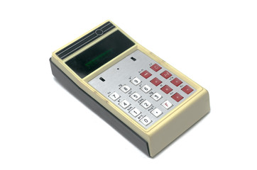 Vintage calculator of the 70s isolated on white background.