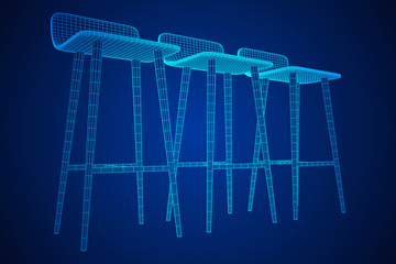 Bar stool furniture wireframe blueprint. Linear outline vector illustration. High chair. Bar interior design.