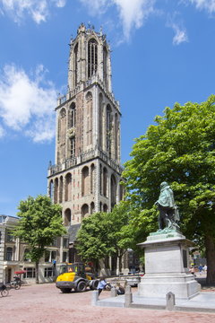 Dom tower and Jan van Nassau monument on central square, Utrecht, Netherlands