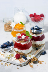 desserts with muesli, berry and fruit puree in jars on white background, vertical top view