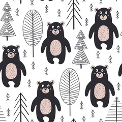 seamless pattern with bear in forest Scandinavian style - vector illustration, eps