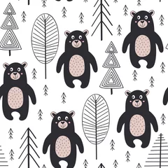 Afwasbaar behang naadloos patroon met beer in bos Scandinavische stijl - vectorillustratie, eps © nataka