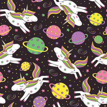 Fototapeta seamless pattern with unicorn in space - vector illustration, eps