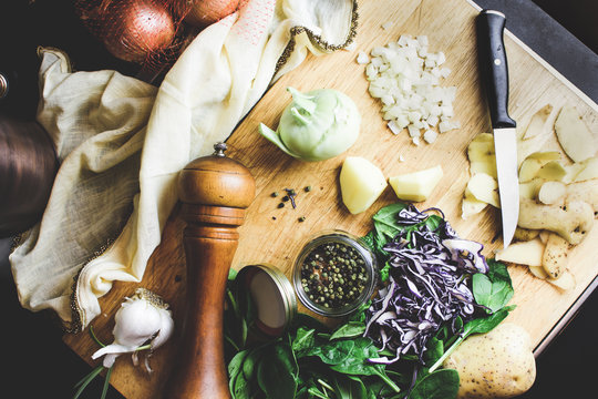 Elegant food flat lay background with healthy fresh organic ingredients
