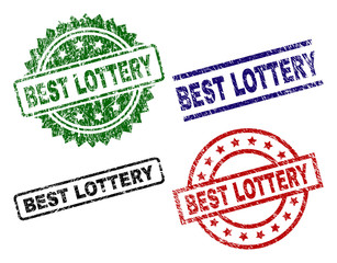 BEST LOTTERY seal stamps with damaged texture. Black, green,red,blue vector rubber prints of BEST LOTTERY title with dust texture. Rubber seals with round, rectangle, rosette shapes.