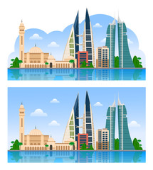 Travel to Bahrain. Manama. Beautiful daytime panoramic view. Vector illustration