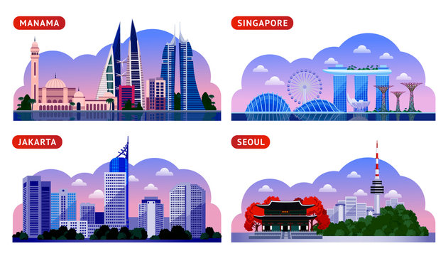 Singapore, Seoul, Jakarta, Manama. Bahrain, South Korea and Indonesia. Horizontal panoramic night view. Travel to Asia. Set of vector flat illustration