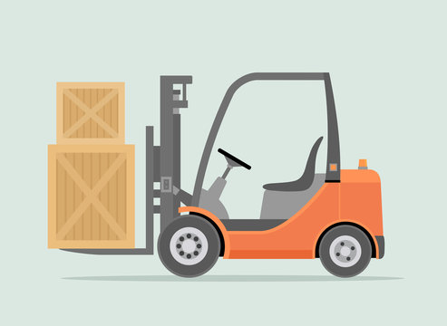 Orange Forklift truck isolated on light green background. Warehouse Equipment, cargo delivery, storage service. Vector illustration.
