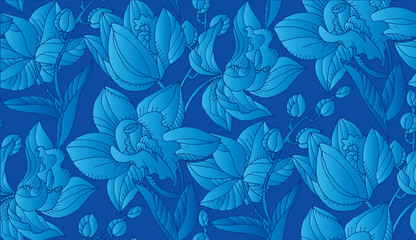 Tropical night blue orchid floral seamless pattern