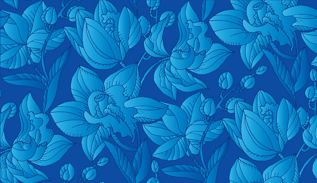 Tropical night blue orchid floral seamless pattern