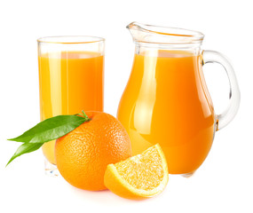 orange juice with orange slices and green leaf isolated on white background. juice in jug