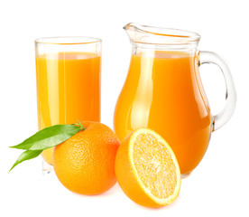 orange juice with orange slices and green leaf isolated on white background. juice in jug