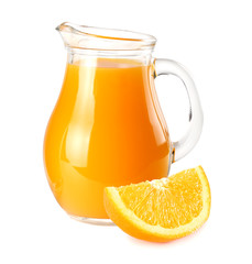 orange juice with orange slices isolated on white background. juice in jug