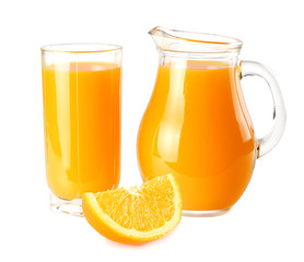 orange juice with orange slices isolated on white background. juice in jug