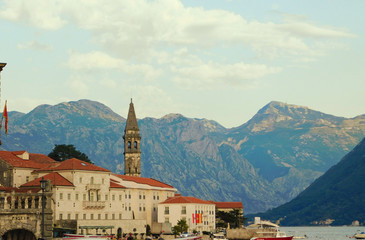 Panorama of the town of Perast, in the background the Bay of Kotor, sea, Montenegro