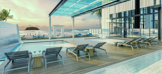 Fototapeta na wymiar Sea view swimming pool in modern loft design,Luxury ocean Beach house
