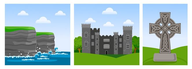 Cliffs of Moher in County Clare, Malahide castle, celtic cross. Travel to Ireland. Set of square vector flat illustrations.