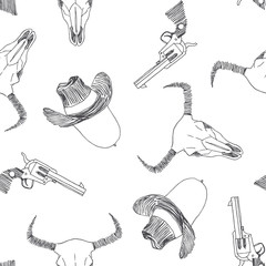 Vector seamless pattern with Wild West symbols isolated on white. Sketch of bull skull, cowboy hat and revolver. American western adventure hand drawn texture.