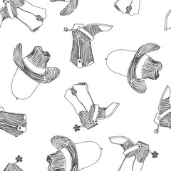 Materiał do szycia Vector seamless pattern with wild west symbols. Hand drawn texture with hat and boots isolated on white. American clothes sketch.