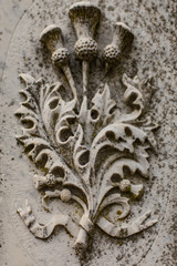 Closeup of Oak Leaves and Acorns Carved Onto a Stone Memorial at An Old Cemetery