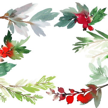 Christmas card with berries watercolor postcard.
