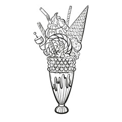 Big milkshake with ice cream, candies, marshmallow, cream and lollipop . Sweet beautiful dessert giant milkshake. Clipart for a restaurant or cafe menu. Line art