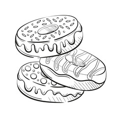 donuts with glaze and candies, cream and sweetmeats sprinkling. Sweet beautiful dessert. Clipart for a restaurant or cafe menu. Line art. Sketch style