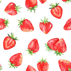 Seamless pattern with watercolor strawberries on white background.