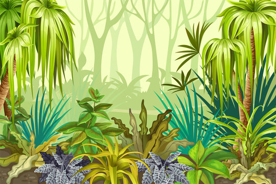 Background jungle for video and web design, online games, print, magazines, newspapers, books and posters. Vector illustration.