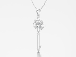 Fototapeta na wymiar 3D illustration white gold or silver decorative key necklace on chain with diamond