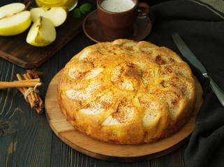 Big Apple pie, charlotte on dark brown-blue wooden table, side view