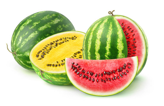 Isolated watermelons. Two watermelon varieties, red and yellow, isolated on white background with clipping path