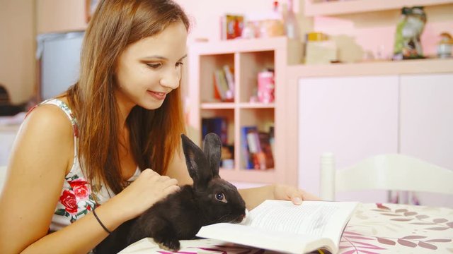 Girl reading book with cute rabbit 4K. Medium shot of a young lady with a black rabbit in lap together read a book at home sitting behind the tabble.