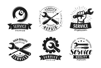 Service, repair set of labels or logos. Maintenance work icon. Vector