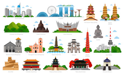 Travel to Asia. Singapore, Indonesia, China and South Korea, Taiwan, Vietnam. Big collection of famous landmarks. Cityscape, buildings and attractions. Vector flat illustration