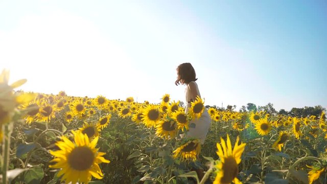 Happy little girl running happy free across the field with sunflowers. slow motion video . smelling big sunflower on summer field. Delight of a pleasant smell. Summer holiday. concept lifestyle