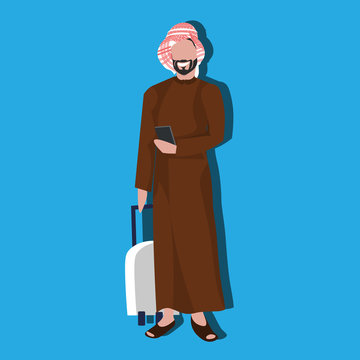 Arabic businessman using smartphone holding valise wearing traditional clothes travel concept male cartoon character avatar blue background full length flat vector illustration