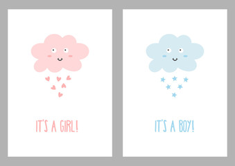 Vertical templates with texts "It's a girl!" and "It's a boy"! Backgrounds, cards, posters, banners, flayers for child birth.
